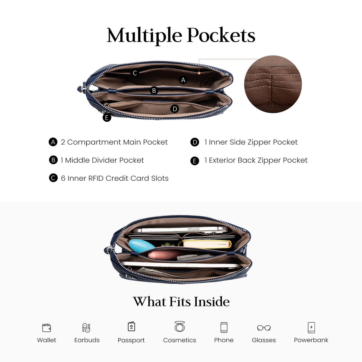 befen Genuine Leather Crossbody Bag for Women, Small Leather Crossbody Purse with RFID Card Slots and Adjustable Strap for Travel- Navy