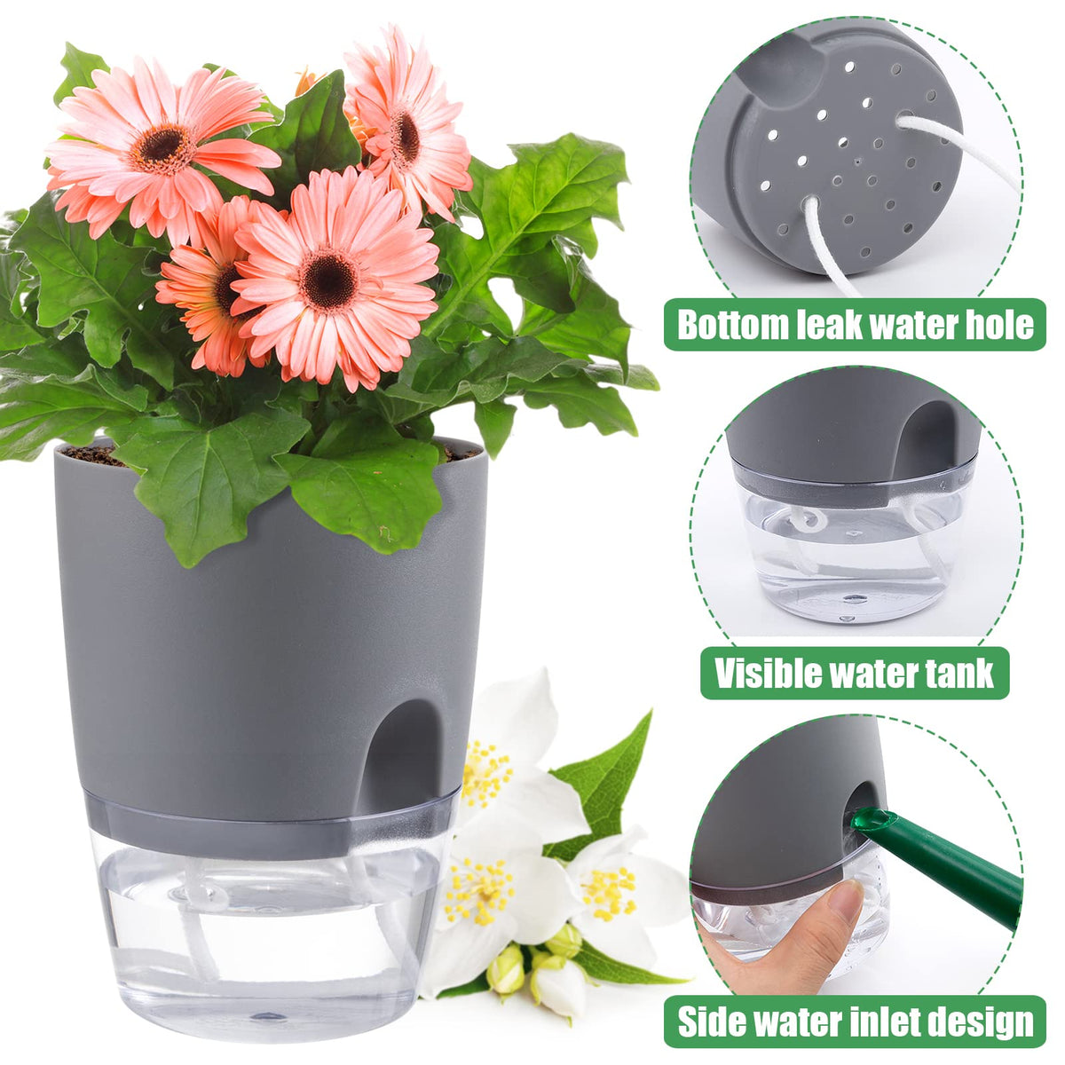 Aulock 6 pcs Self Watering Plant Pots - 4.1/3.2 in Plastic Planter with Drainage Holes, Flower Pots for African Violet, Mini Indoor Plants, Succulents, Herbs, Cactus, Basil, Grey