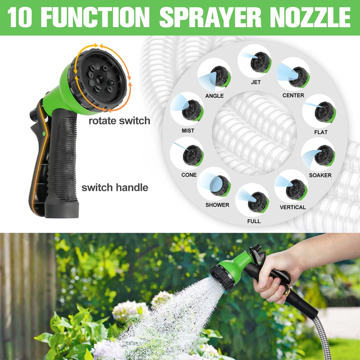 TVKB Metal Garden Hose 150ft Stainless Steel Water Hose Super Tough Flexible Water Pipe with 3/4 inch Brass Fittings and Sprayer Nozzle, Kink & Tangle Free, Rust Proof