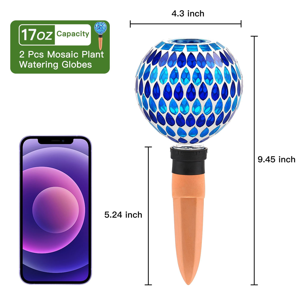 VOREEN Blue Mosaic Self Watering Globes 2 Pack, 500ml Handmade Glass Terracotta Plant Spikes, Automatic Self Watering Devices for Indoor Outdoor Pots, Decorative Water Saver Gift for Garden Lovers