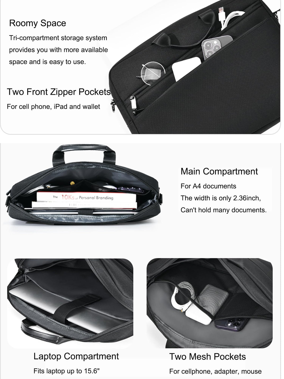 natyrlpog 15.6 Inch Business Laptop Bag for Men & Women, Waterproof Polyester Briefcase for Work, Commute, Travel (black)