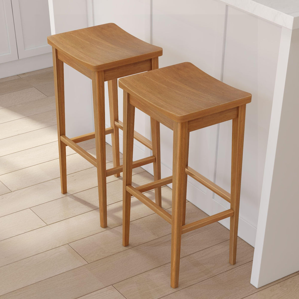 Plank+Beam Smythe Bar Stool, Set of 2, 30", Sturdy Wood Modern Kitchen Bar Height Stool, Saddle Seat Backless Bar Chair, Metal Footrest, Pecan
