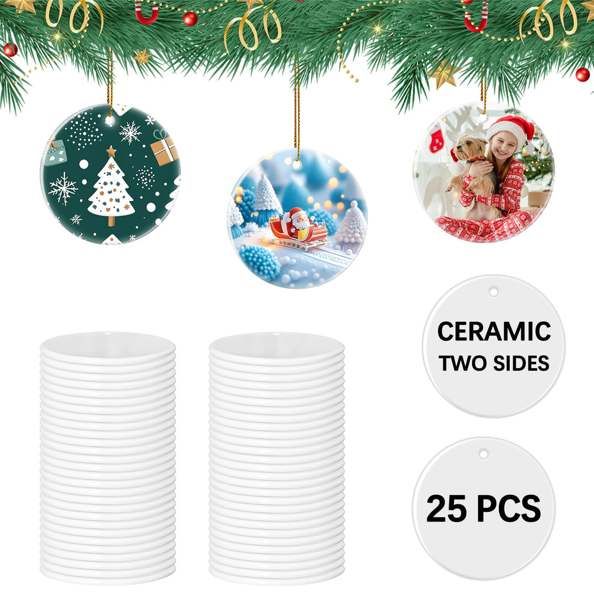 25 PCS Sublimation Ceramic Ornament Blank 3 inch White Round Christmas Ceramic Decoration Crafting DIY Personalized Home Decor Bulk Two-Sided Printed