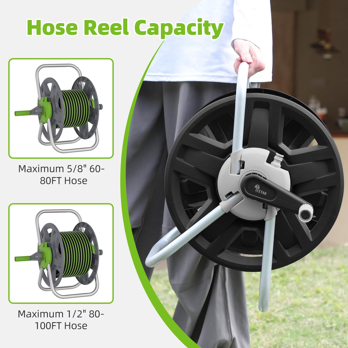 YESTAR Water Hose Reel Cart, Holds 60-80 Ft of 5/8 Inch Hose, Black Wall Mounted Garden Hose Cart, Portable Hose Reel for Convenient Storage and Watering