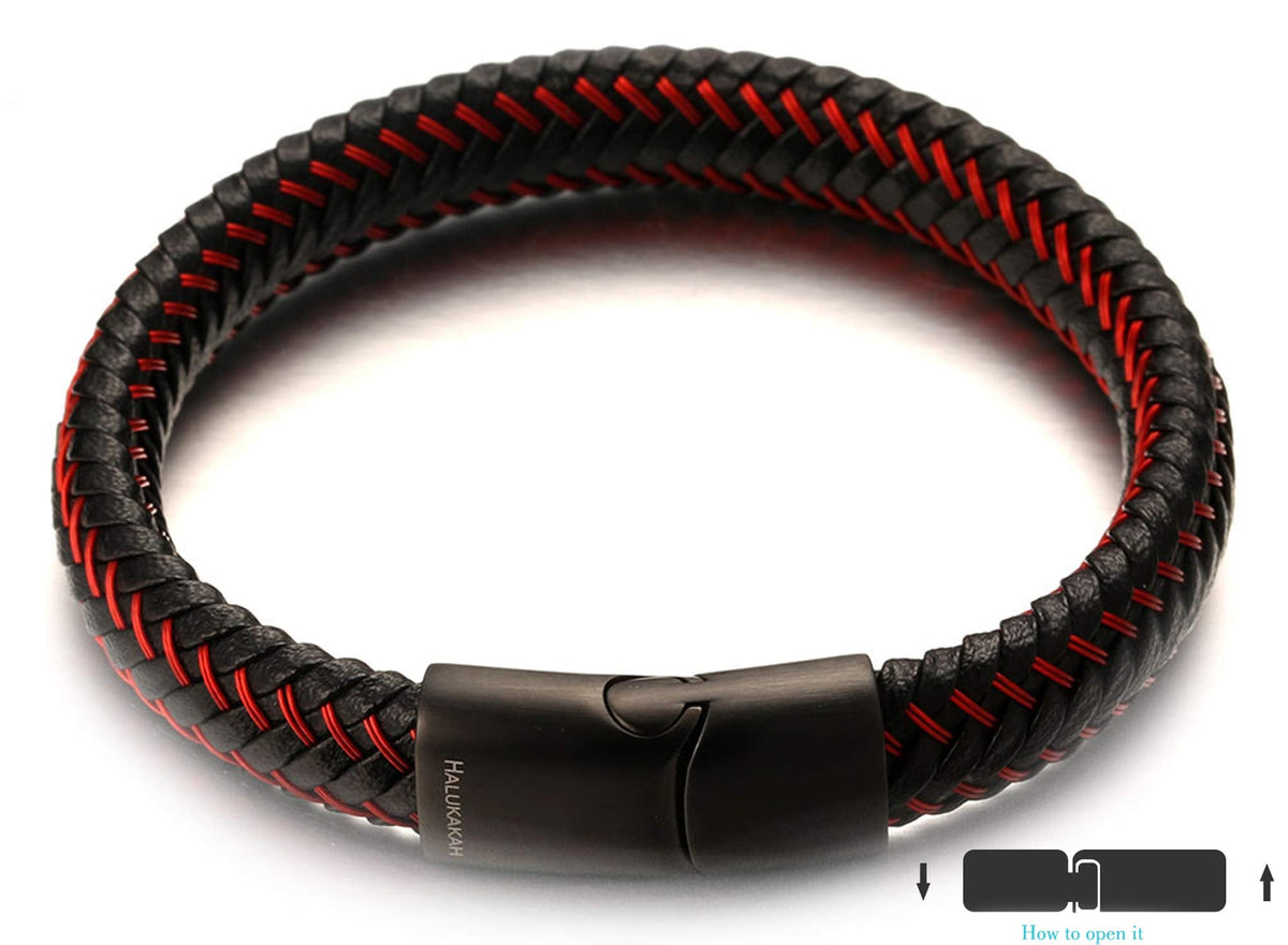 Halukakah ● Jazz ● Men's Genuine Black Leather Bracelet Black Titanium Magnetic Clasp 8.5" Free Giftbox (Maserati Red 8.5 inches)