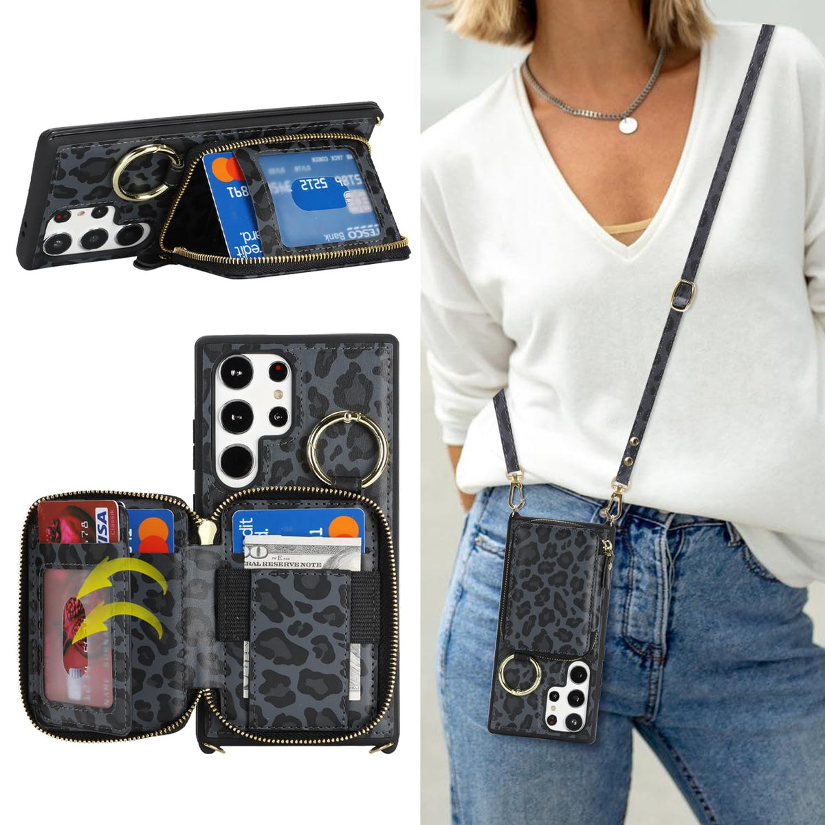 Hamany Crossbody Wallet Case for Galaxy S24 Ultra, PU Leather Zipper Handbag Purse Flip Cover, Kickstand Folio Case with Card Slots Holder Wrist Strap Lanyard -Black Leopard