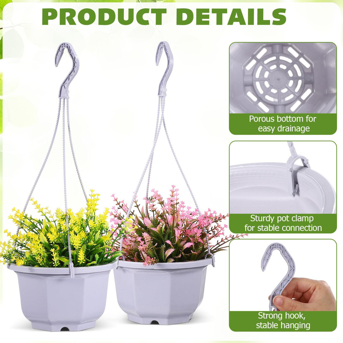 Toddmomy 10Pcs Octagon Plastic Hanging Planters with Drainage Holes for Indoor Plants Balcony Garden Lightweight Hanging Pots with Hooks