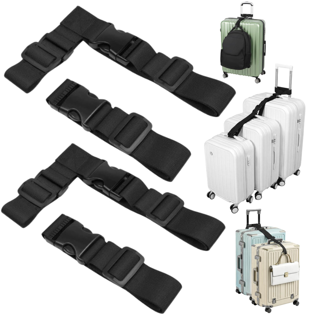 Sadnyy 4 Pack Luggage Straps for Suitcases, Adjustable Travel Belt to Add a Bag, Suitcase Connector Straps for Carry on Luggage Bungee Elastic Travel Accessories with Backpack Attachment (Basic Style)