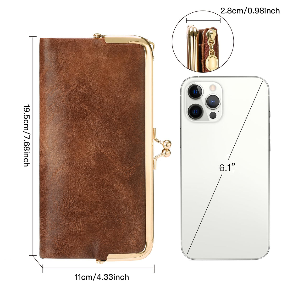 GOIACII Womens Wallet Ladies Vintage Billfold Compact Card Holder Long Zip Clutch Purse with Kiss Lock Brown