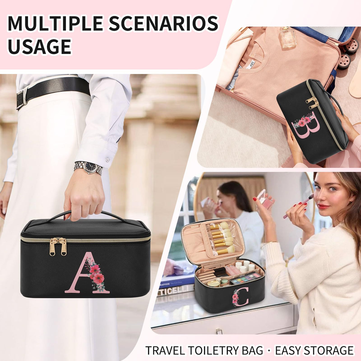 OCHEAL Initial Makeup Bag,Monogram Make up Bag Black Travel Makeup Organizer Case Beauty Toiletry Cosmetic Bag with Brush Holder, Trendy Stuff Personalized Gifts for Women and Girls-A