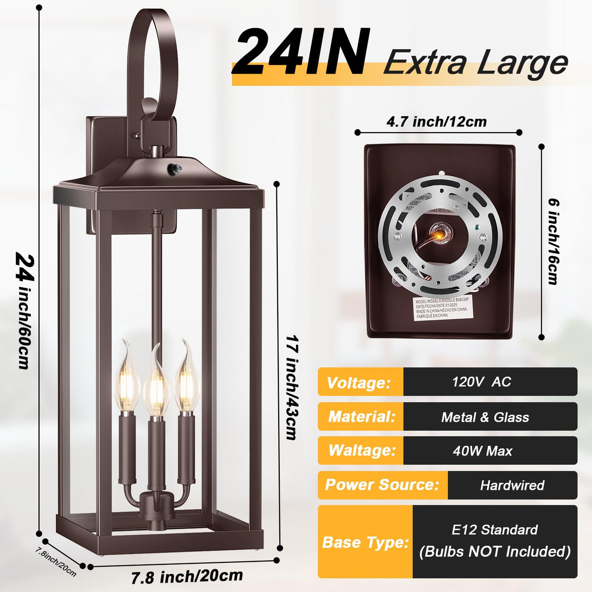 Yolsunes 24in Outdoor Wall Light, 3-Light Waterproof Sconce, Oil Rubbed Bronze, Metal, Model YLS-24BDD, 1-Pack