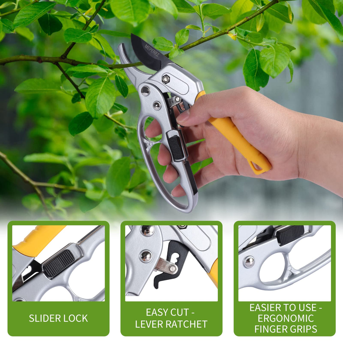 MEPEREZ Premium German-Made Pruning Shears – Ergonomic, Heavy-Duty Hand Pruners Designed for Precision Cutting of Plants; Ideal for Gardeners and Individuals with Arthritis or Reduced Hand Strength
