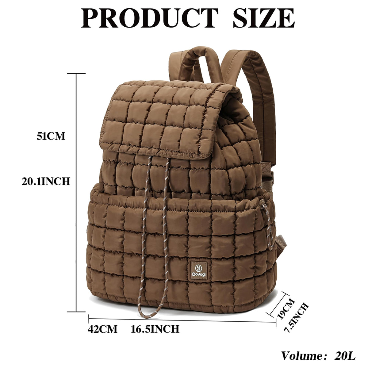 DOYOGI Quilted Backpack for Women, Lightweight Travel Gym Bag, Hiker Pack Drawstring Padding Backpacks, Puffer Travel Bag for Casual Daypack(Brown)