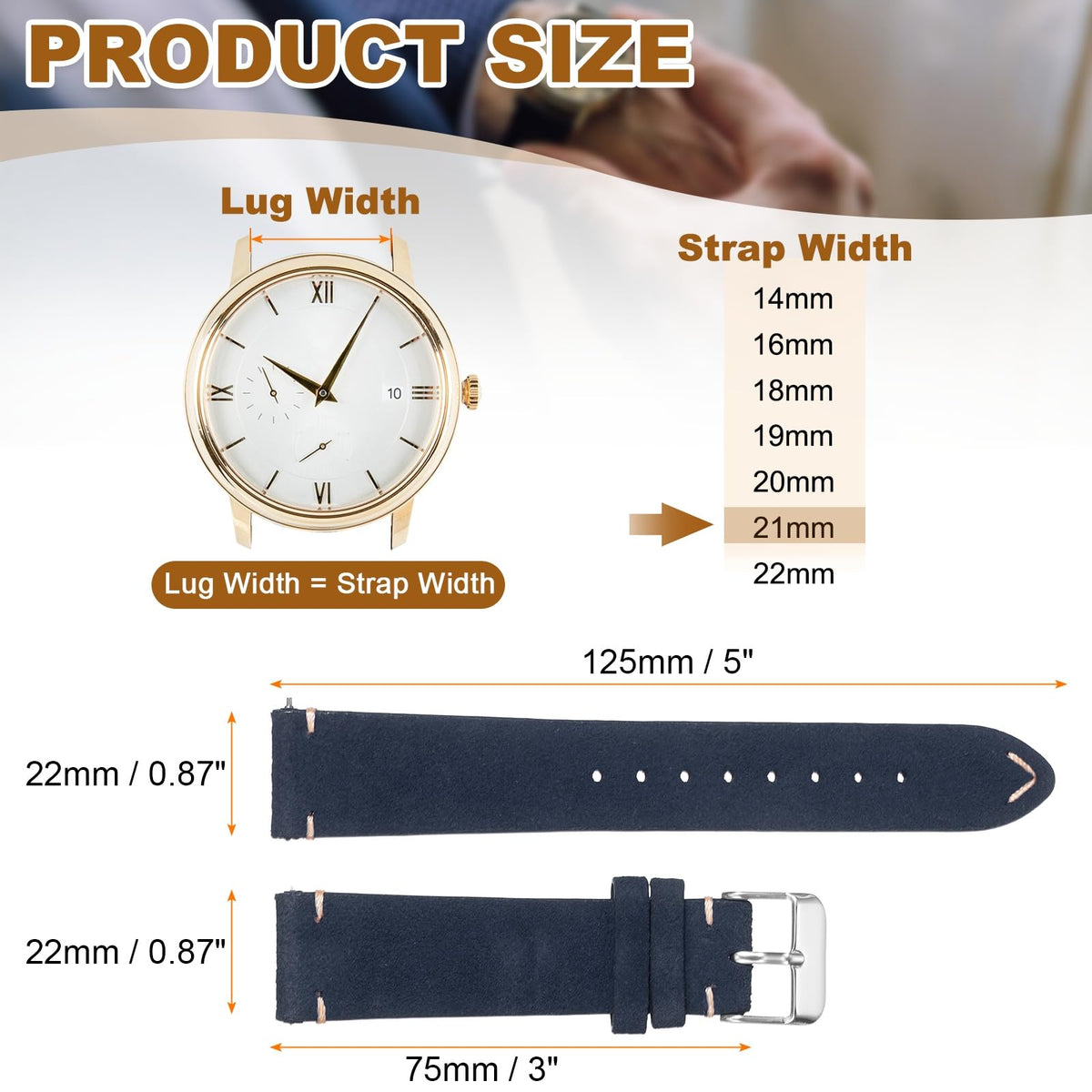 HARFINGTON Leather Watch Band 21mm Width Watch Strap Top-Grain Suede Cowhide Wrist Bands Replacement with Stainless Steel Buckle for Men Women, Dark Blue