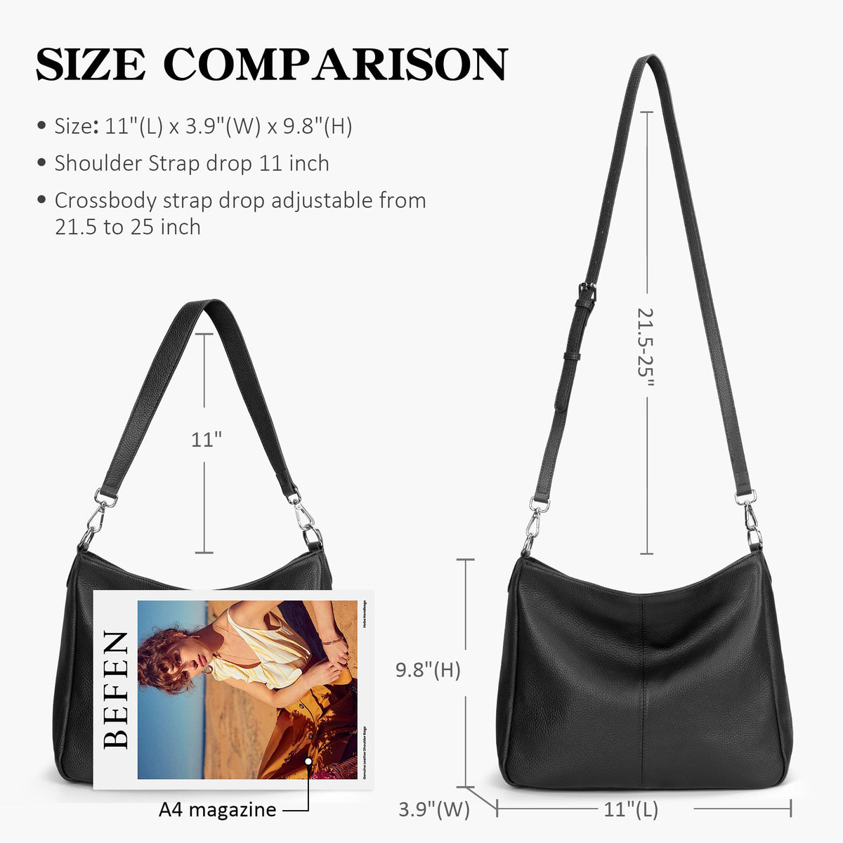 befen Black Genuine Leather Hobo Bags Purses for Women, Women's Shoulder bag Handbags Crossbody Bag with 2 Shoulder Straps