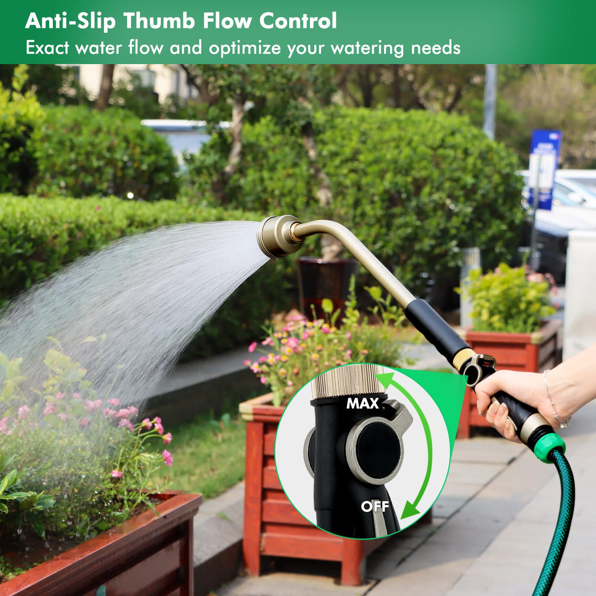 RESTMO Long Watering Wand, 24 Inches Gentle Soft Full Shower Sprayer Wand with Thumb Flow Control, Heavy Duty Metal Hose Wand for Hanging Baskets, Shrubs, Plants, Flowers, Garden and Lawn