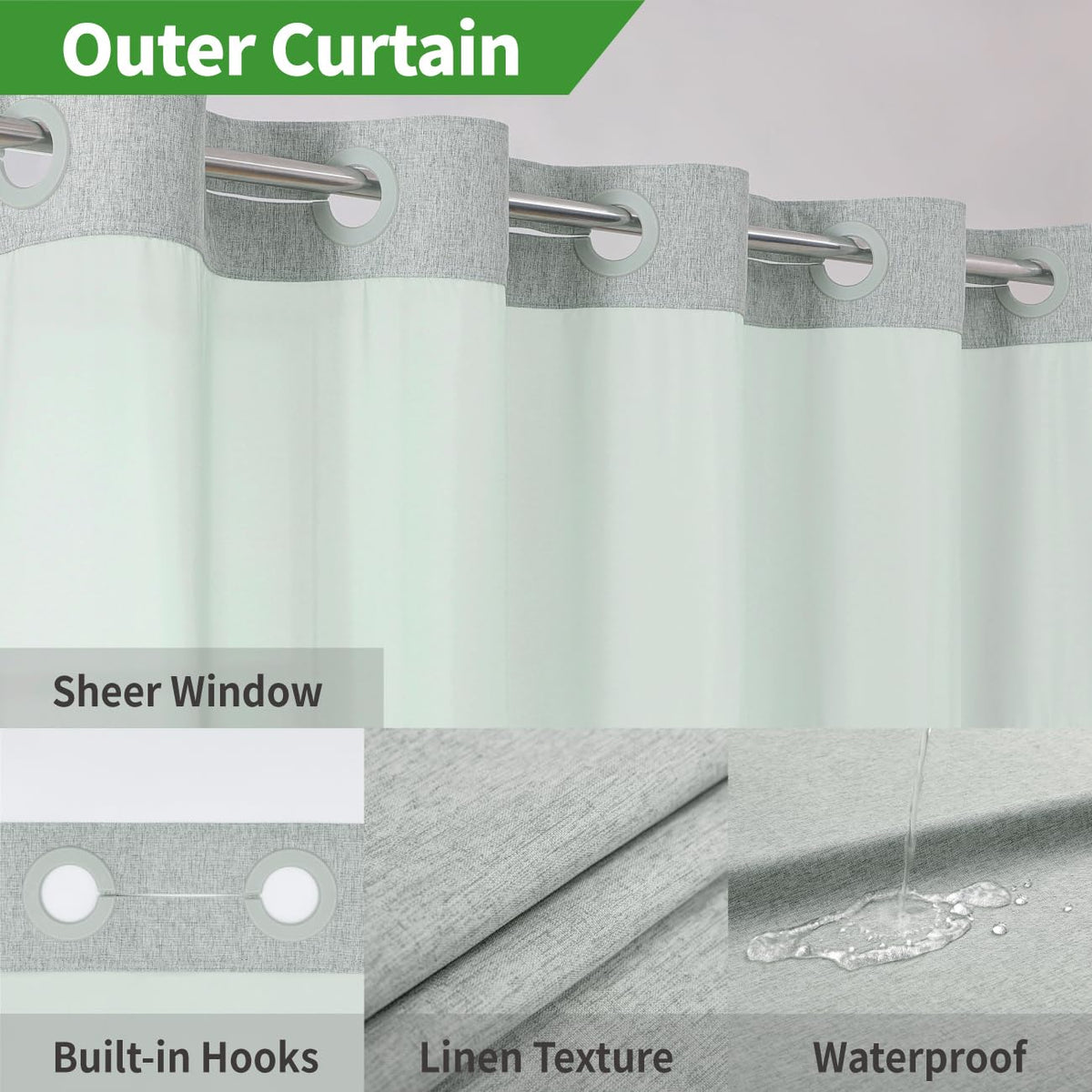 eachope No Hooks Needed Linen Textured Shower Curtain with Snap-in Fabric Liner Set,Sage Green Hotel Luxury Decor Shower Curtains for Bathroom,Water Repellent & Washable,71Wx77H