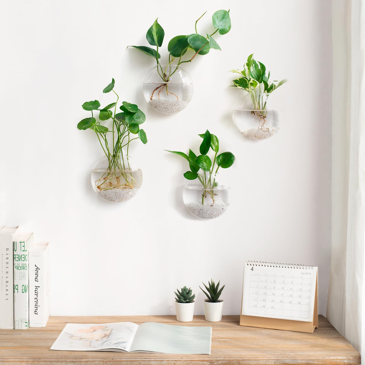 Mkono Wall Hanging Glass Terrariums Planter Oblate Flower Vase for Hydroponics Plants, Bathroom, Home Office Living Room Decor, Set of 2（Plants not Included）