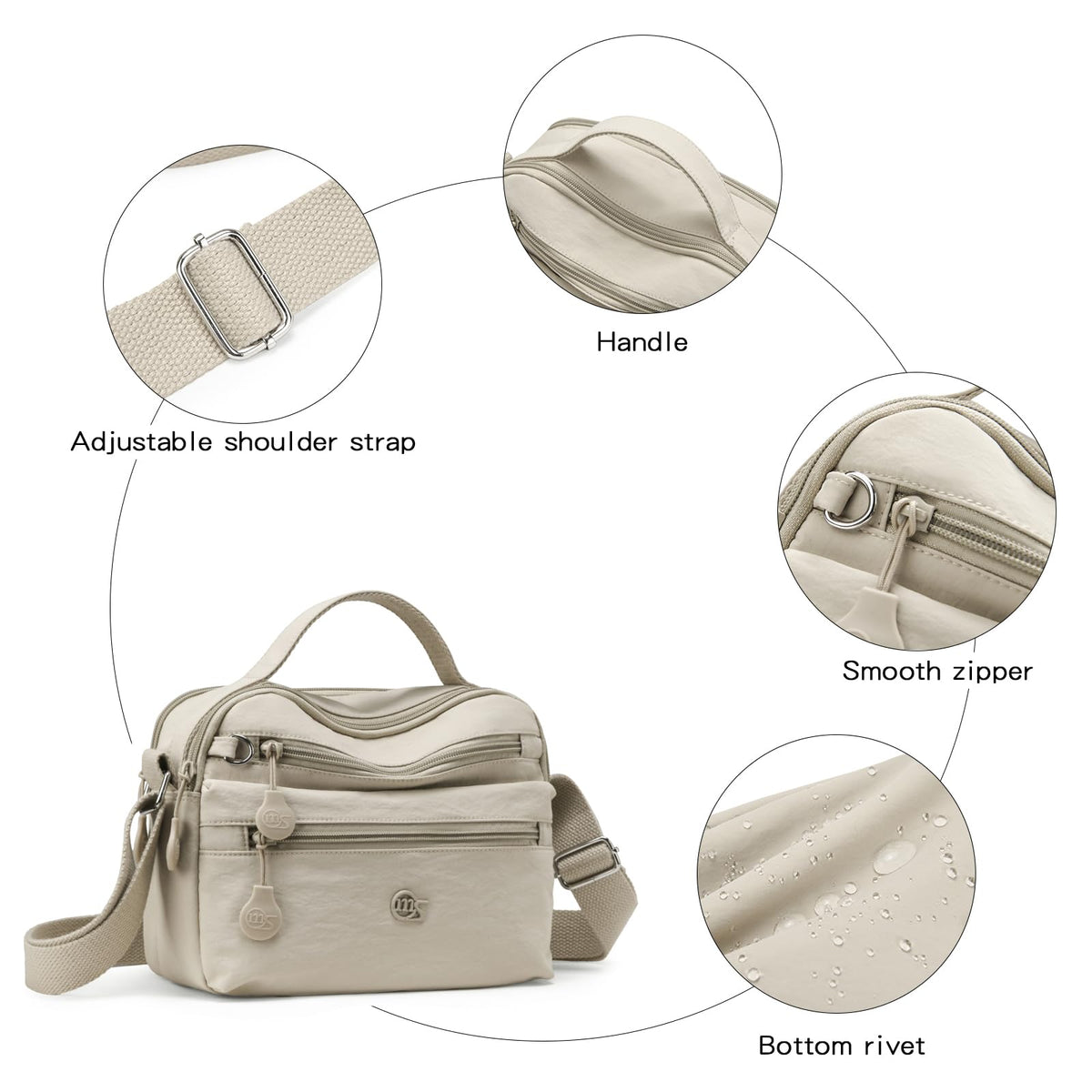 Eslcorrri Women Crossbody Bag Small Nylon Shoulder Purse Casual Neutral Light Multi Zipper Pockets Top-Handle Hobo Handbag -Sand
