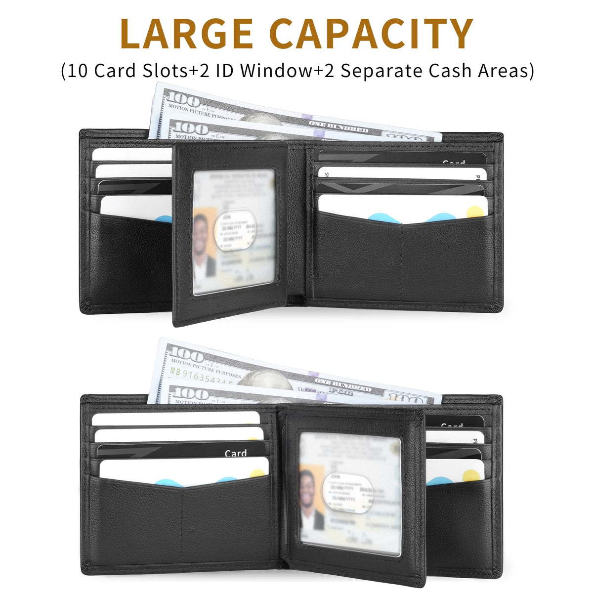 LATKWO Mens Wallet - Genuine Leather Bifold RFID Blocking Slim Front Pocket Large Capacity with 10 Card Slots, 2 ID Windows & 2 Cash Pockets - Heavy Duty Stitched Gift for Men (Black)