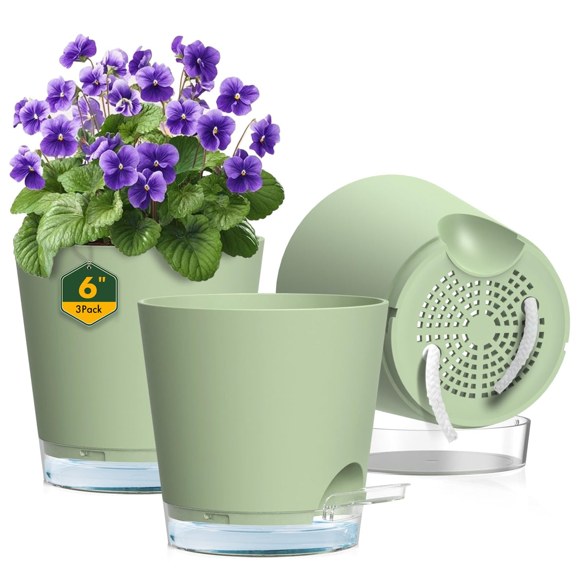 Meowell 6 inch Self Watering Pots for Indoor Outdoor Plants, 3 Pack Flower Plant Pots with Drainage Holes and Clear Reservoirs, Visible Water Level, Plastic Planters with Wicking Rope, Green