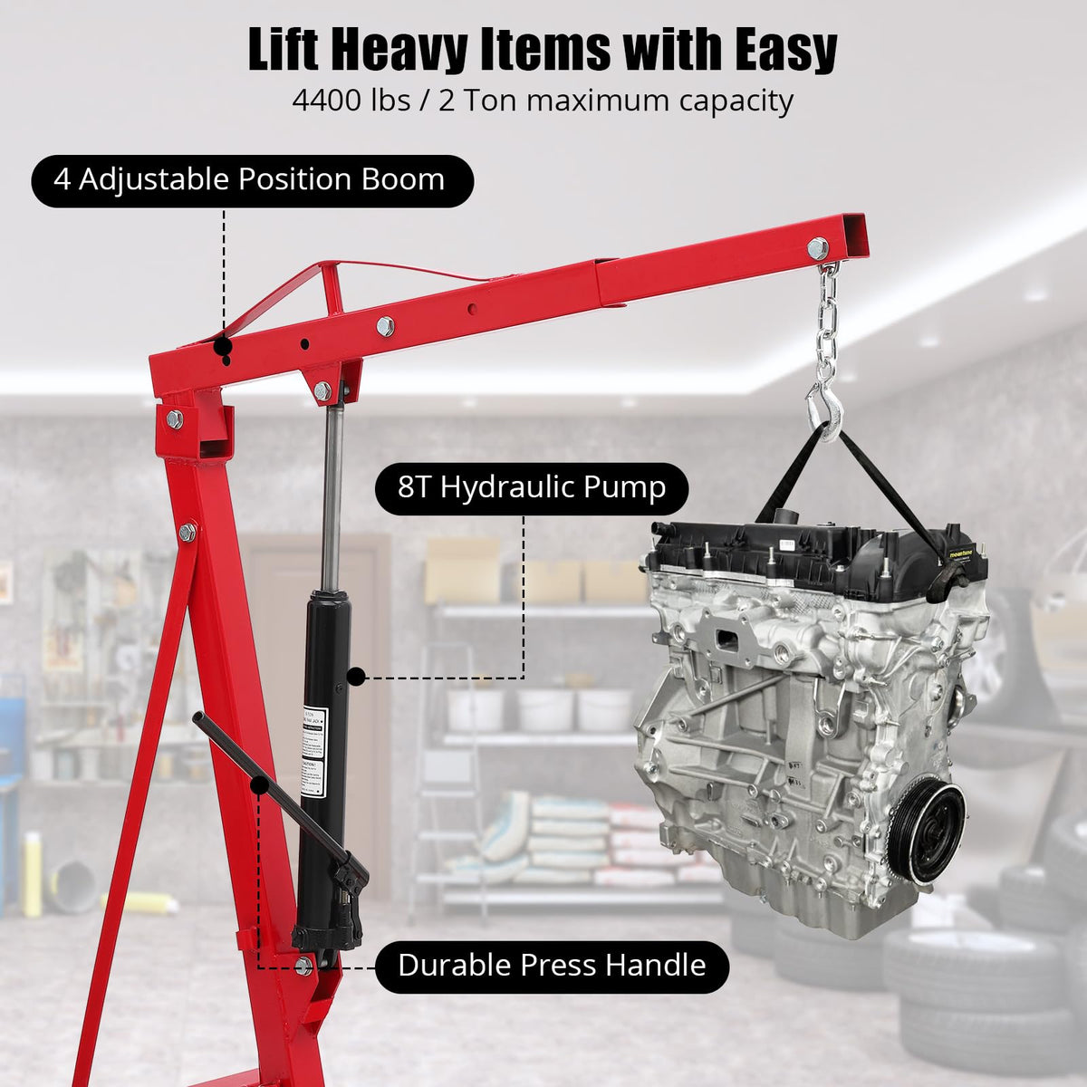2-Ton Folding Hydraulic Engine Hoist Cherry Picker, 4400 lb Capacity, Heavy-Duty Shop Crane with Telescoping & Adjustable Boom (0.5-2T), 6 Swivel Caster Wheels, Load Leveler, Hitch & Storage Stand for