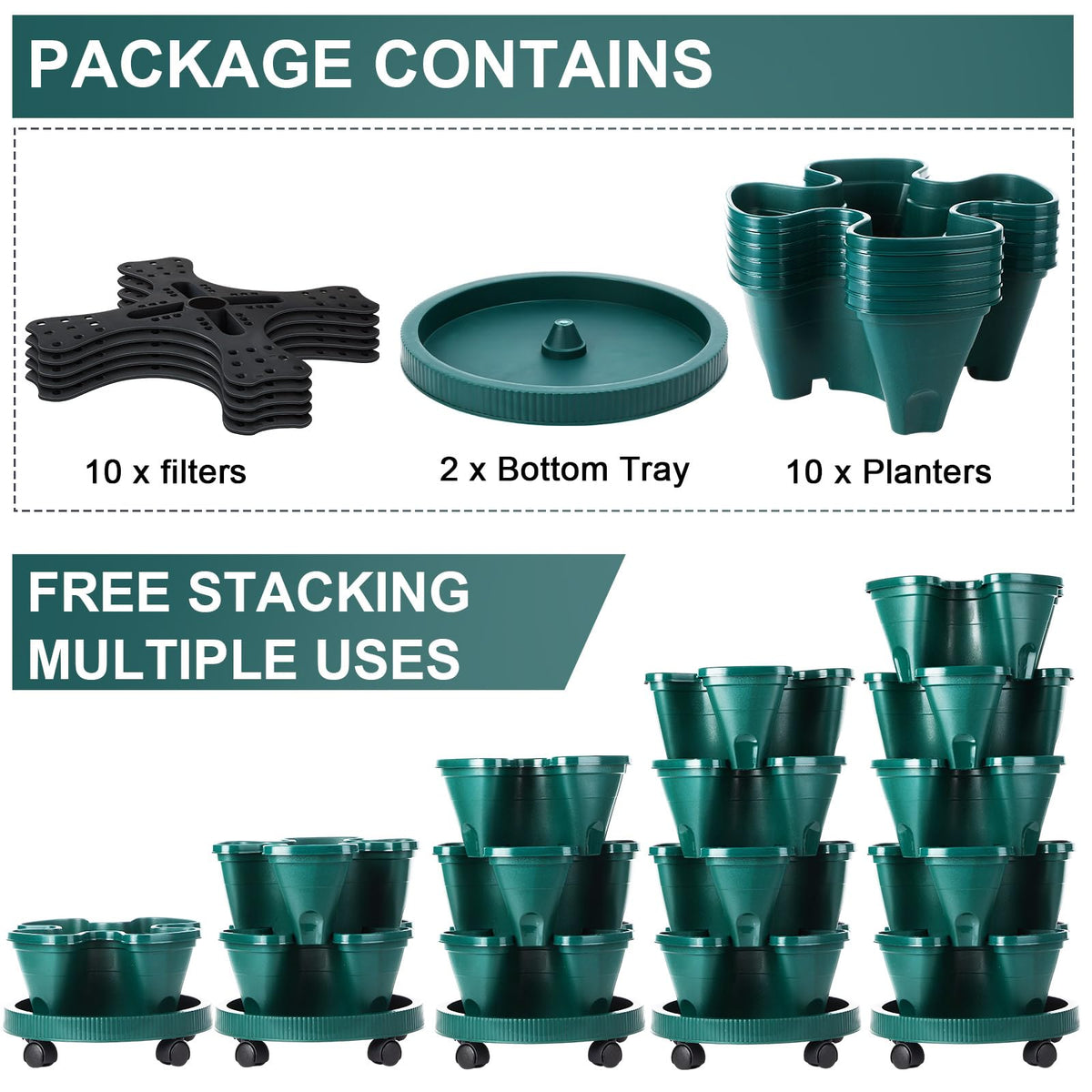 Umigy 2 Set 5 Tier Stackable Planters Vertical Garden Planters for Strawberry Herb Flower and Vegetable Indoor Outdoor Gardening Pots with Removable Wheels and Bottom(Dark Green)