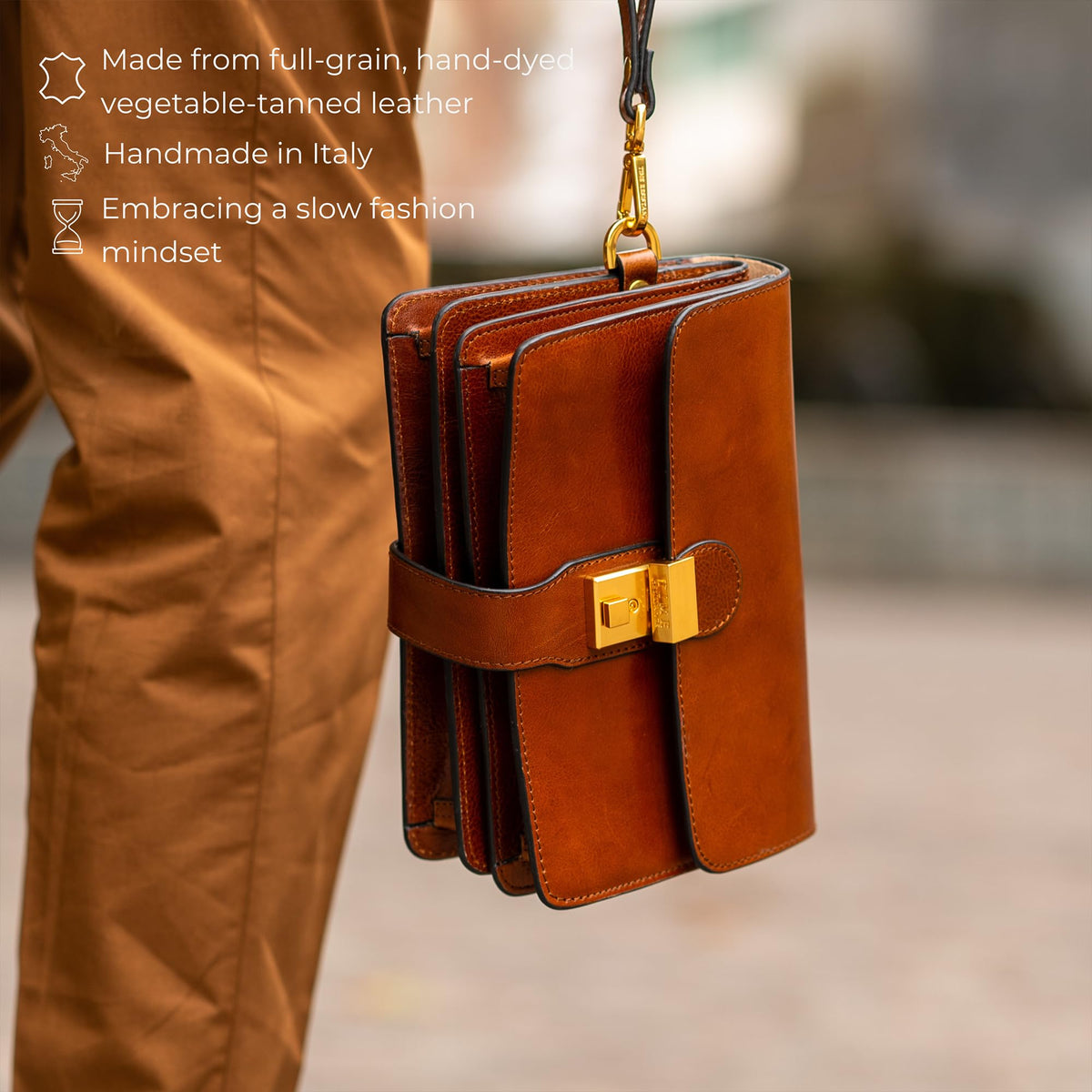 Time Resistance Leather Clutch - Organizer Bag for Men - Wrist Bag - Briefcase Handmade in Italy (Cognac Brown) - Handbag for Men - Gift Box Included