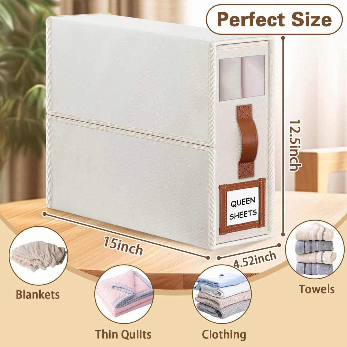 GhvyenntteS Bed Sheet Organizers and Storage 4 Pack (Queen & King Size), Foldable Sheet Organizers and Storage with Window and Label, Bed Sheet Organizer with Leather Handle, Beige