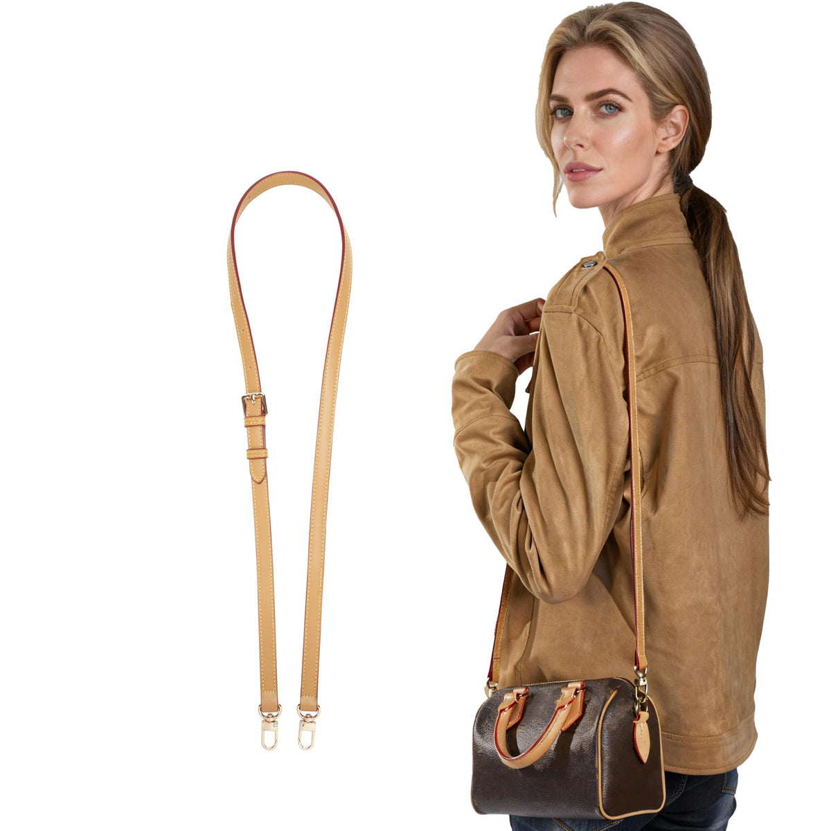LvansWtl Adjustable Vachetta Leather Replacement Strap, Compatible with Diane，Pochette，Saumur，Boulogne Crossbody/Single-Shoulder/HOBO Bags with Length 37.8-48.43in (0.59" Width)