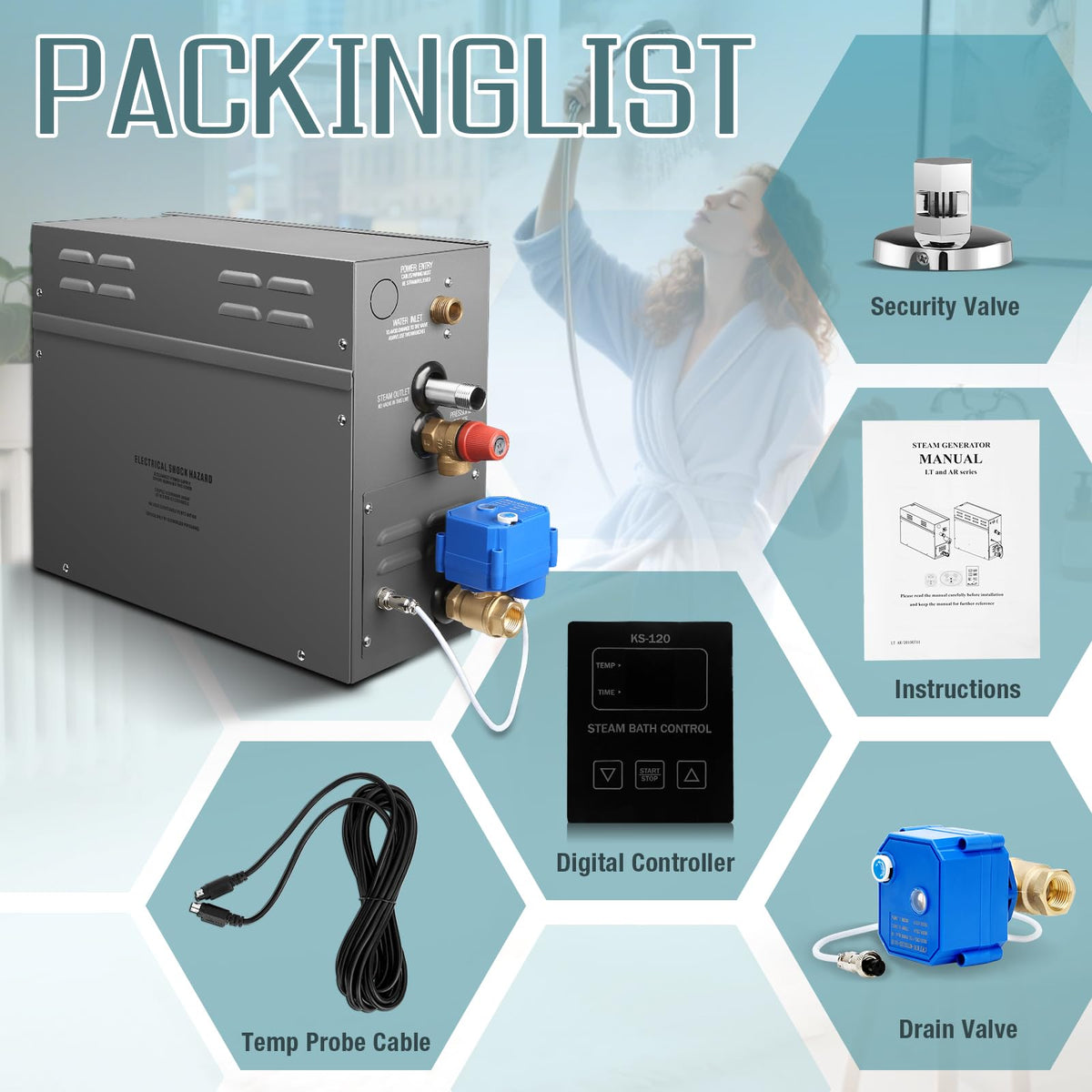 12KW Steam Generator-Quick start continuous steam，with Black digital control panel Self-Draining System, 95-131°F Temp Control,Can be used for heating a space area of 12m ³/460Cu.ft.(12KW 220V)