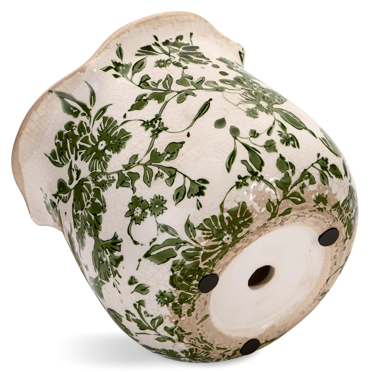 behen bahen Vintage Ceramic Planter Pot with Drainage Holes, Green Floral Design, 6.11 Inch, Distressed Tuscan Style, Indoor Plant Pot and Vase (Green)
