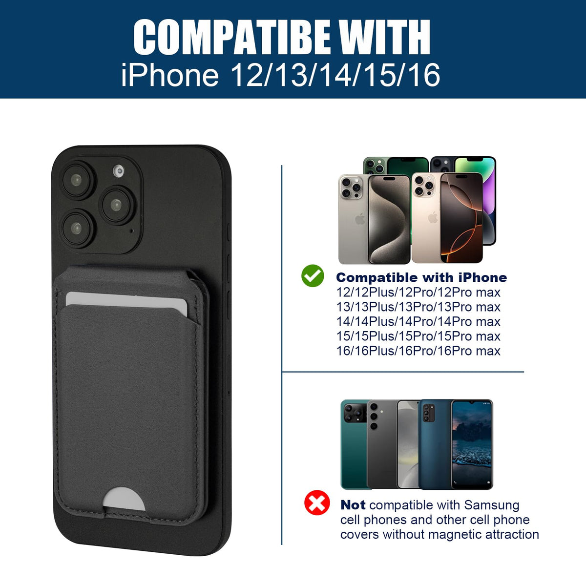 Rumwot for MagSafe Phone Wallet, Genuine Leather Magnetic Card Holder for iPhone, Magsafe Phone Wallet with Adjustable Bracket, 3 Card Holders, Compatible with iPhone 16/15/14/13/12 Series (Black)
