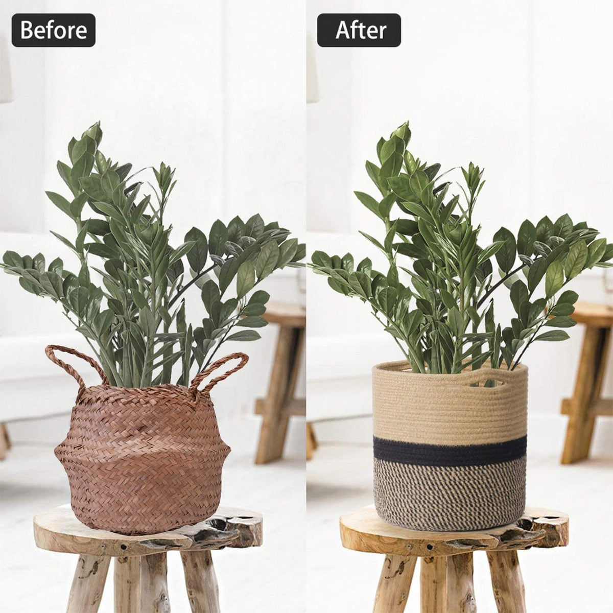 TIMEYARD Sturdy Jute Rope Plant Basket Modern Woven Baskets for 10" Flower Pot Floor Indoor Planters, 11” x 11” Storage Organizer Basket Rustic Home Decor, Black and Beige Stripes
