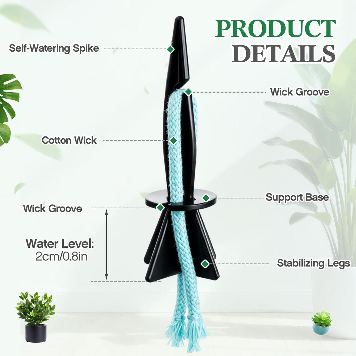 Singhoow 20 Pack Self Watering Spikes for Indoor Outdoor Plants, Automatic Plant Watering Stakes with 32.8ft Capillary Wick Rope, DIY Vacation Waterer for Potted Plant Seedling Garden Pot (Small)