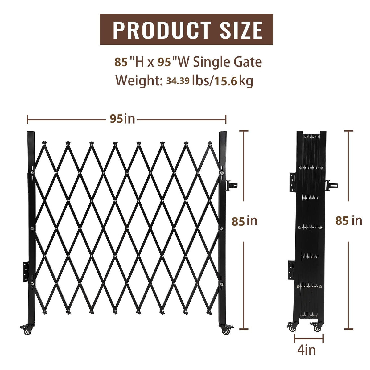 SierraSquad Single Folding Security Gate 85" H x 95" W, Steel Expandable Fence with 360° Rolling Wheels for Courtyard, Garage, and Garden Access Control
