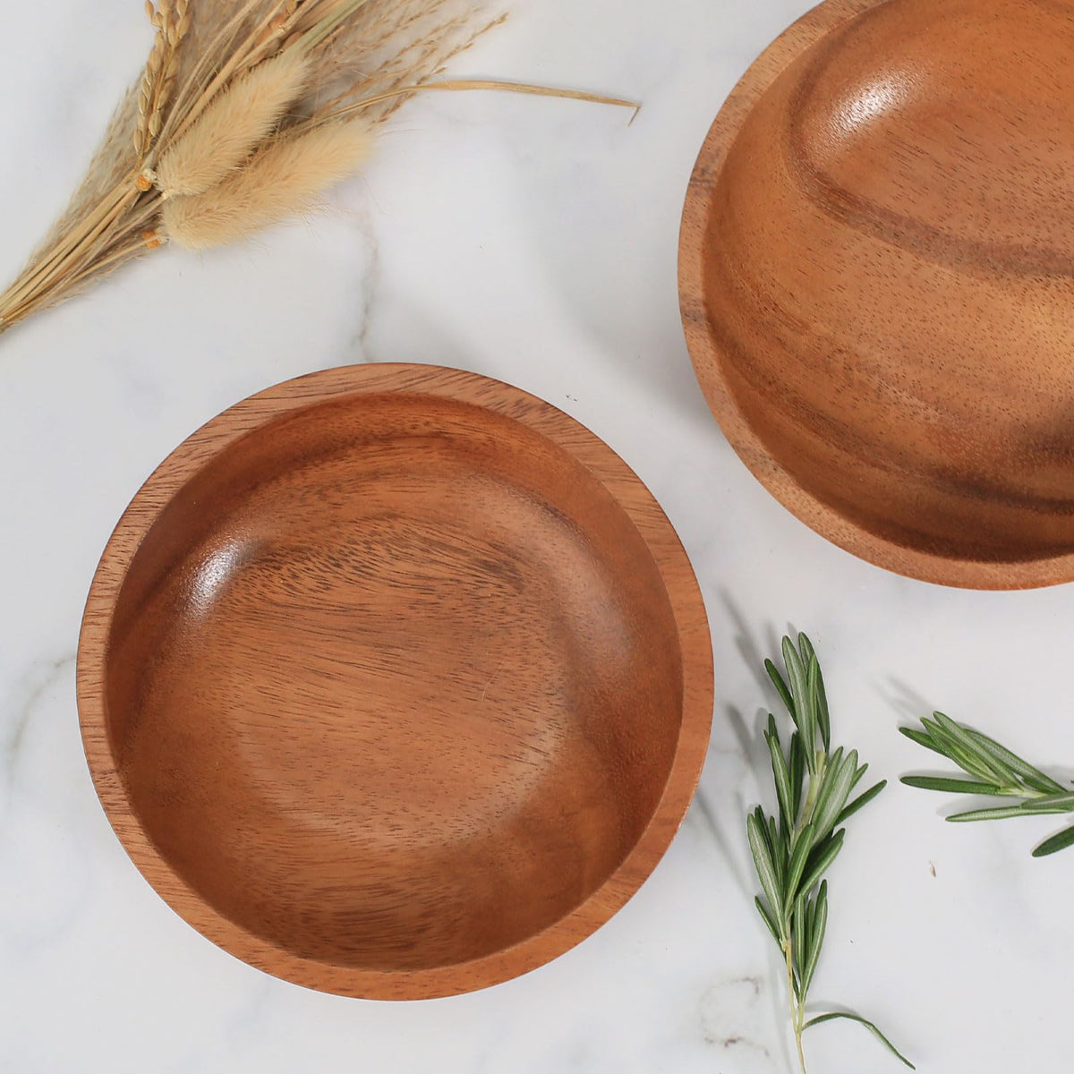 MeowAroma Acacia Wood Serving Bowls, 6 Inch Handcrafted Wooden Individual Bowls Set of 2 for Food/Soup/Salad/Pasta, Use as Snack Holder Plate for Kitchen and Dining