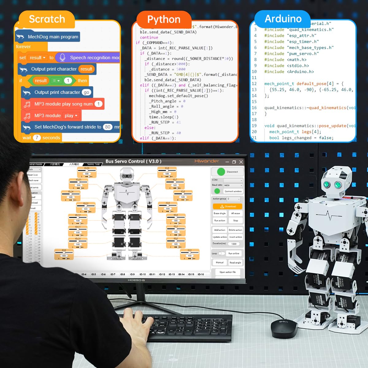 AI Vision & Voice Interaction Robot for Arduino Scratch Python Programming 17DOF Humanoid Robot Large AI Model STEM Project Education Voice Command Walking Dancing Self-Stand Up, Tonybot Standard kit