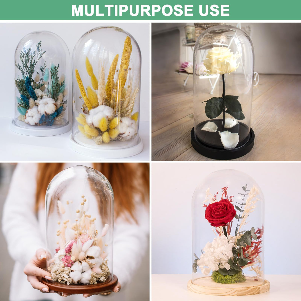 M METERXITY Cloche Glass Dome, 3.9"x2.4" Glass Display Case with Wooden Base for DIY Snow Globes/Small Plants/Flowers/Candles/Models/Souvenirs, Tabletop Centerpiece [Burnt]
