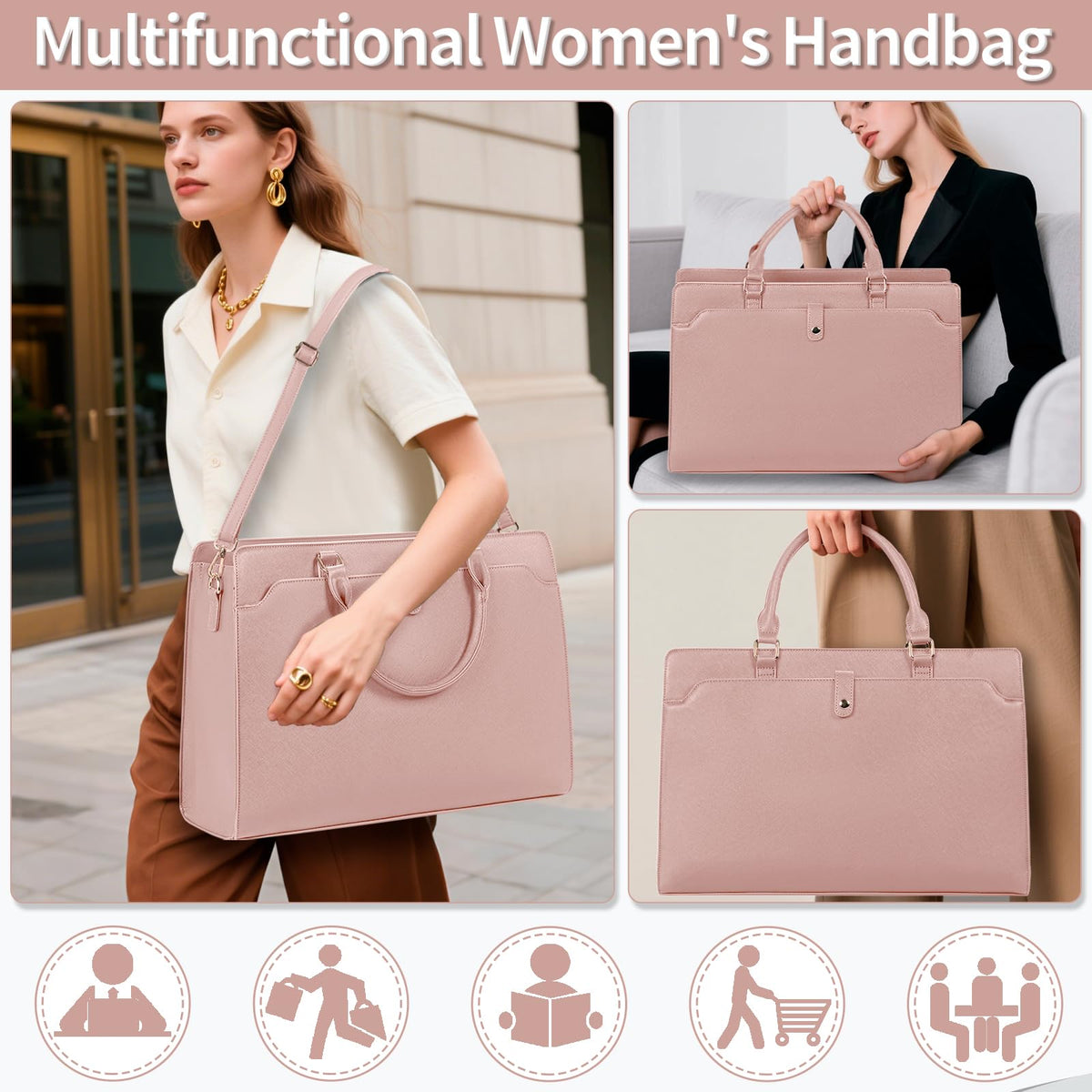 GMAK Laptop Tote Bag for Women, 15.6 Inch Leather Computer Bags Lightweight Business Office Work Briefcase Large Capacity Waterproof Handbag for Daily Commute Travel Work, Pink