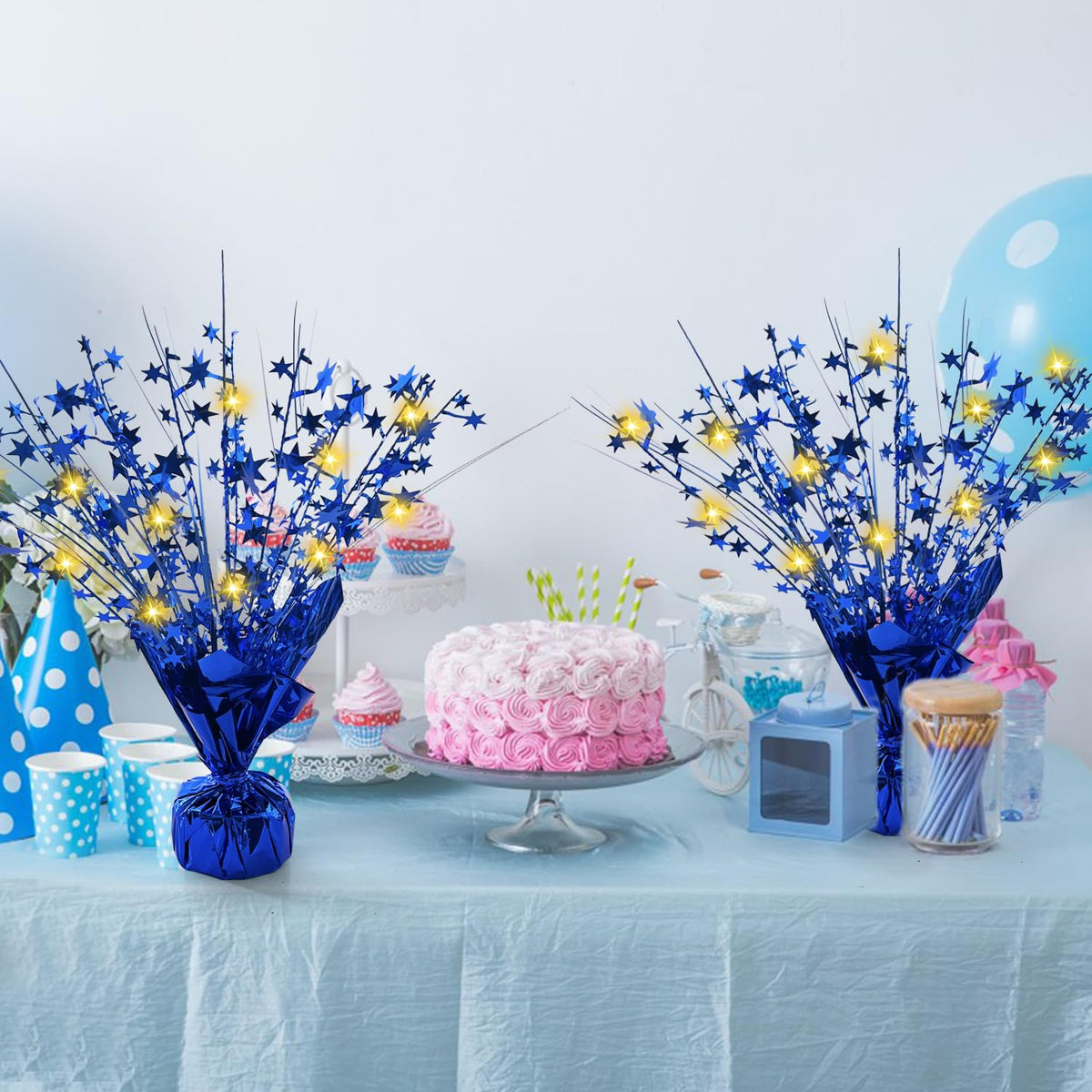 12 Pack Metallic Foil Spray Centerpiece Star Table Decoration Burst Table Centerpieces for Birthday Graduation Wedding Anniversary Holiday Party Supplies Decor, Blue