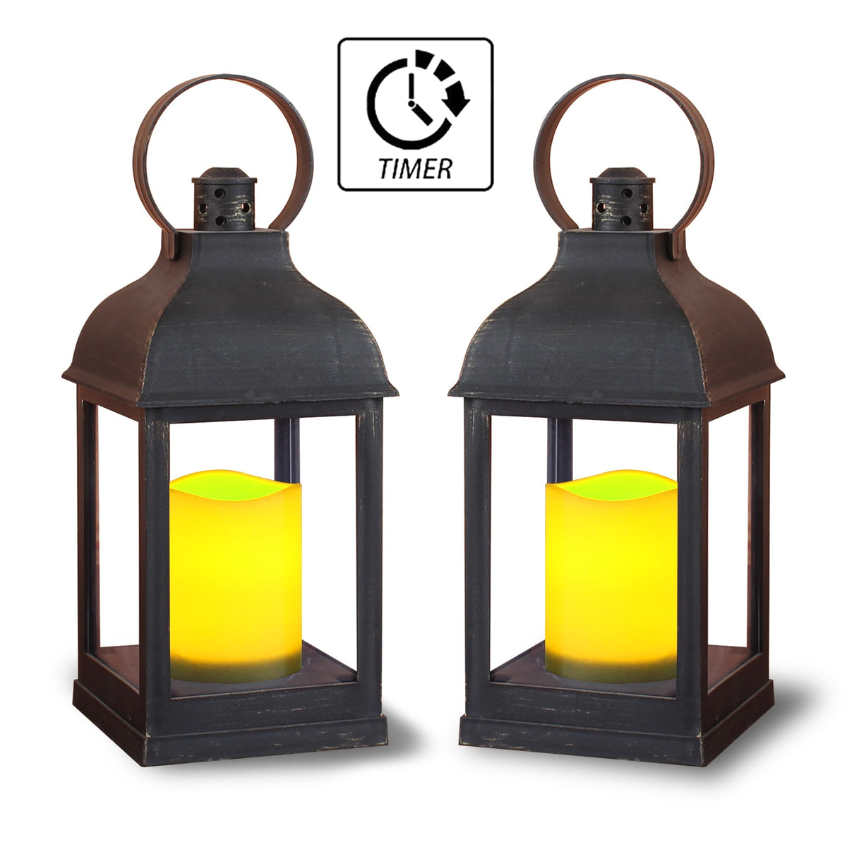 WRalwaysLX 2pack Decorative Lantern with flameless LED Candle Light, ON/Off/Timer Candle with 6Hours, Outdoor/Indoor LED Lantern, Use AAA Battery(not Include) Bronze Plastic (4x9)