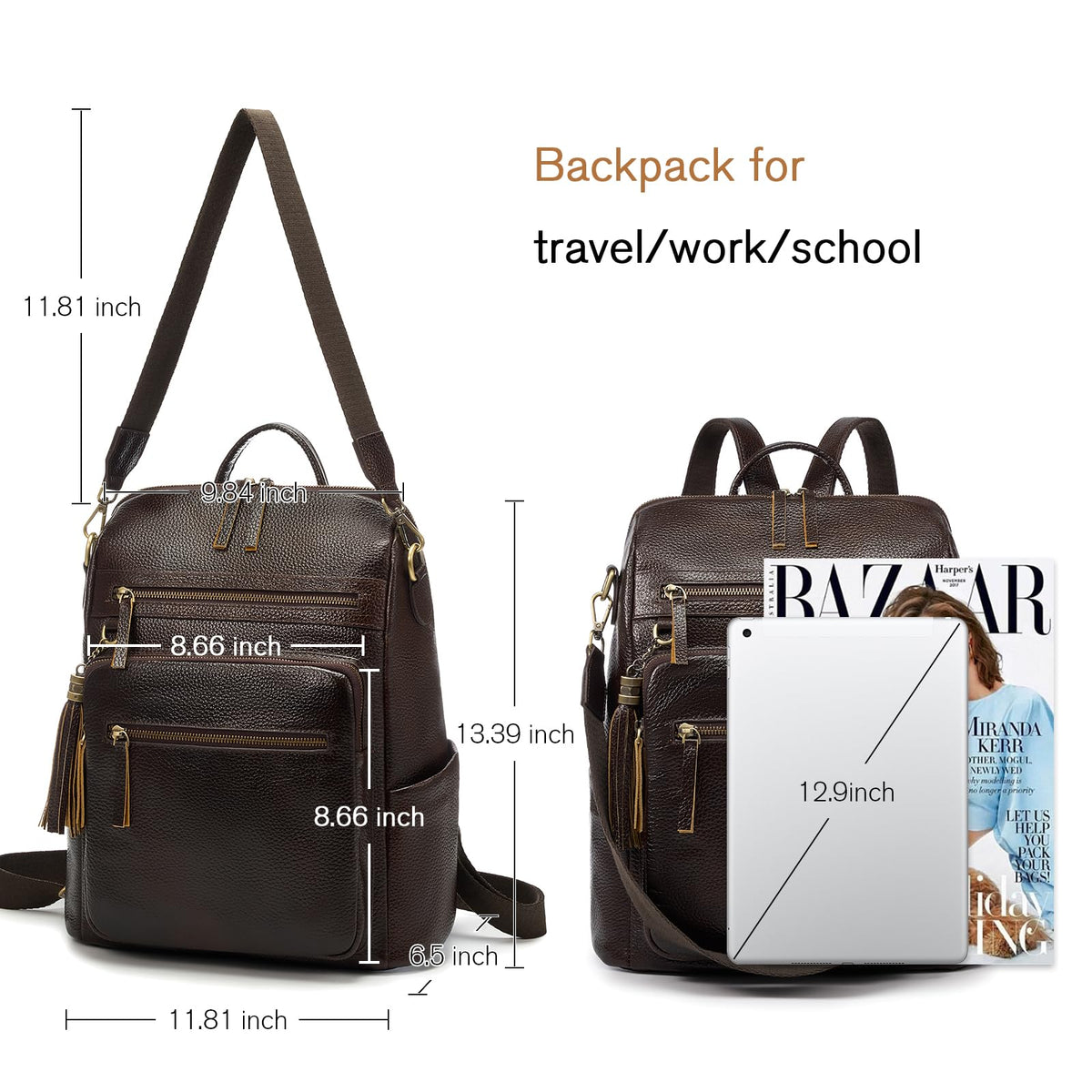 UEIRY Genuine Leather Backpack Purse for Women Convertible Shoulder Bag with Multiple Pockets for Travel Work School（Coffee）