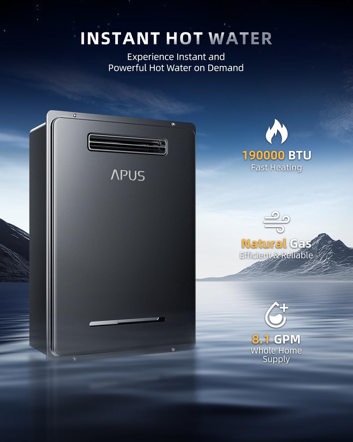 APUS 190,000 BTU Outdoor Tankless Water Heater, 8.1 GPM Natural Gas Instant Hot Water Heater with WiFi & Remote Control, High Efficiency for Supports 5 Outlets