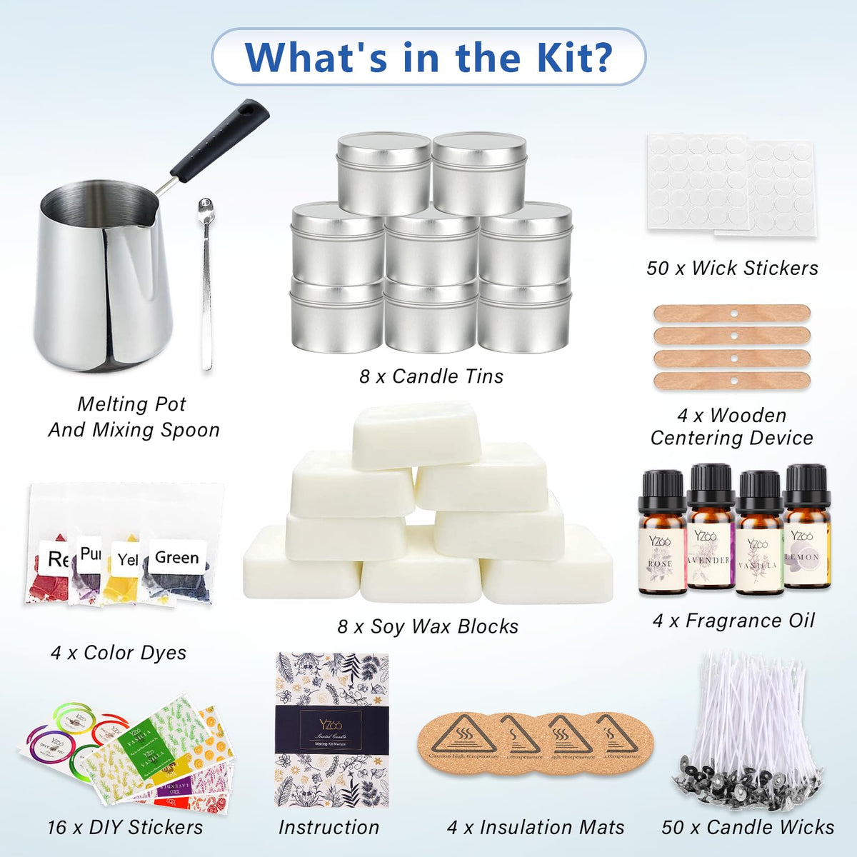 Complete Candle Making Kits for Adults Beginners, DIY Candle Making Supplies Include Soy Wax,Wax Melter,Scents,Dyes,Wicks,Wicks Sticker,Candle Tins & More-Full Candle Maker Set - Arts & Crafts Kits