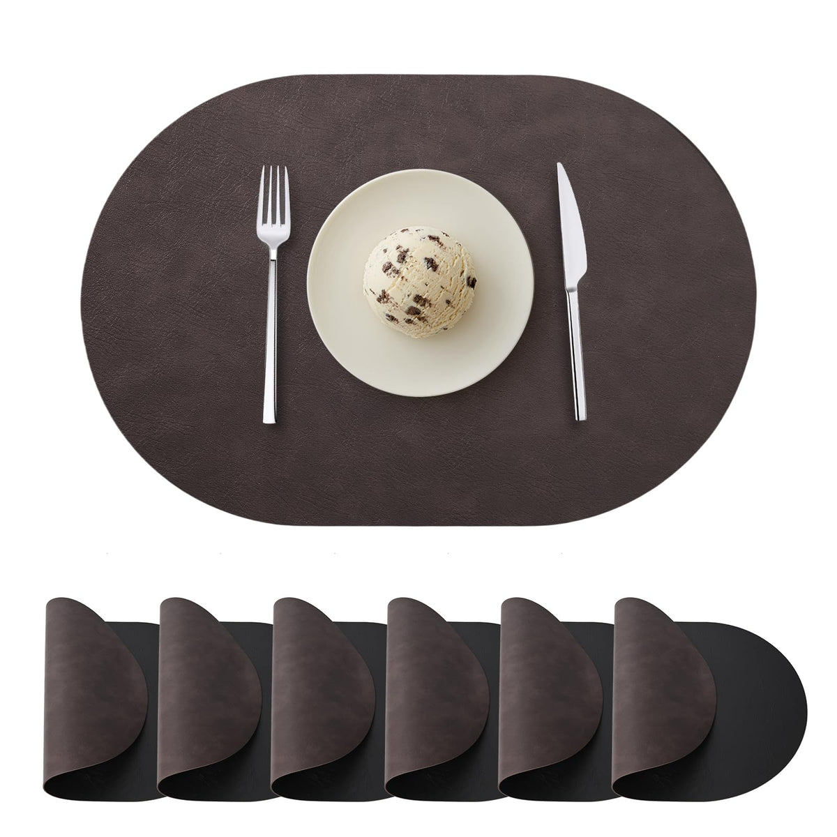 Oval Placemats Set of 6, Faux Leather Place Mats for Dining Table Dual Sided Placemats Heat Resistant Washable Wipeable Table Mats for Indoor Outdoor, Dark Brown/Black