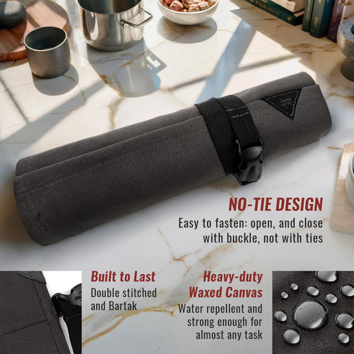 Under NY Sky Knife Roll Case - 4 Slots - Heavy Duty Waxed Canvas Pouch - Leather Reinforced - Portable Bag for Cooking Tools, Utensils, Cutlery Knives, Brushes - Chefs, Kitchen, Travel, Gift - GrayCV