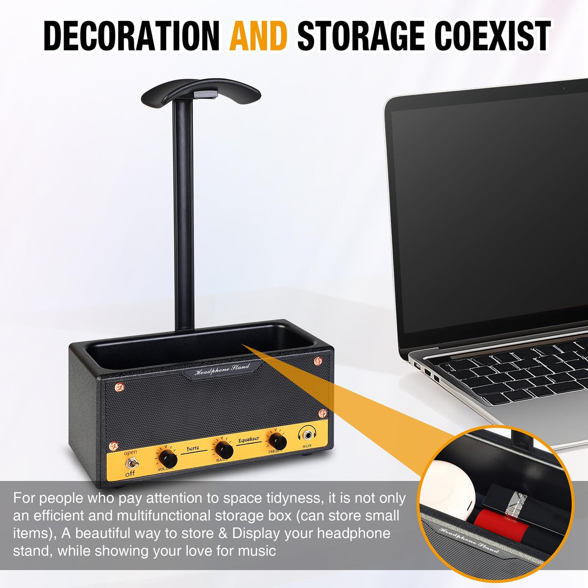 Lesdexzz Headphone Stand with Cable Storage, Display Music Lovers' Decorative Items & Suitable Headphone Holder, Contains 1 Base 1 Support Rod 1 Headrest (Metal Texture Black)