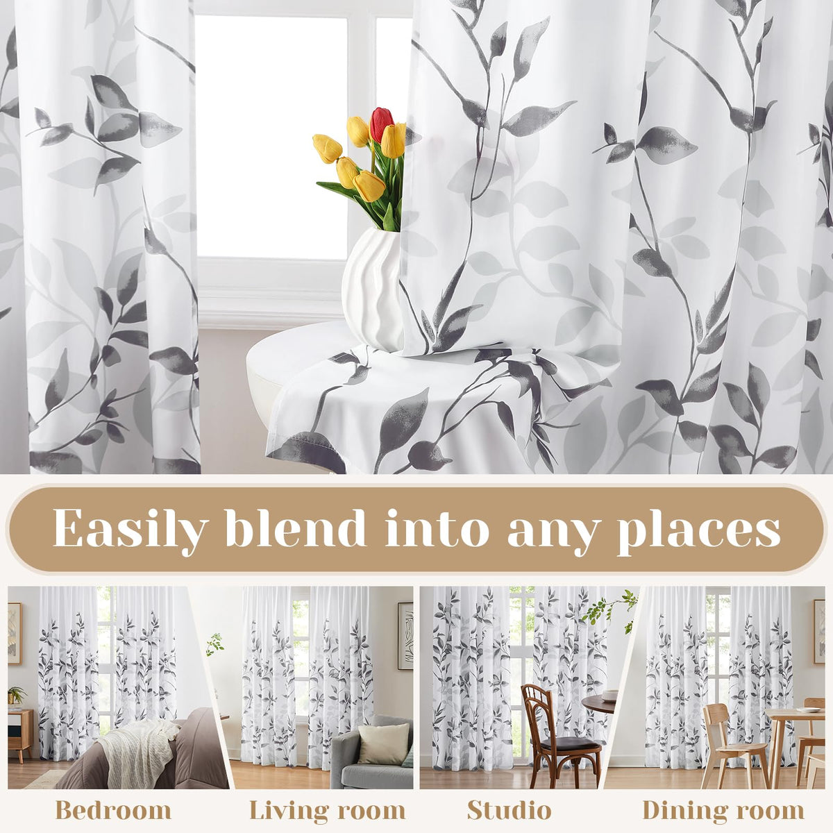 HOMEIDEAS Non-See-Through Light Grey and White Privacy Sheer Curtains 52 X 63 Inch Length 2 Panels, Leaf Floral Printed Light Filtering Semi Sheer Window Curtains Drapes for Bedroom Living Room