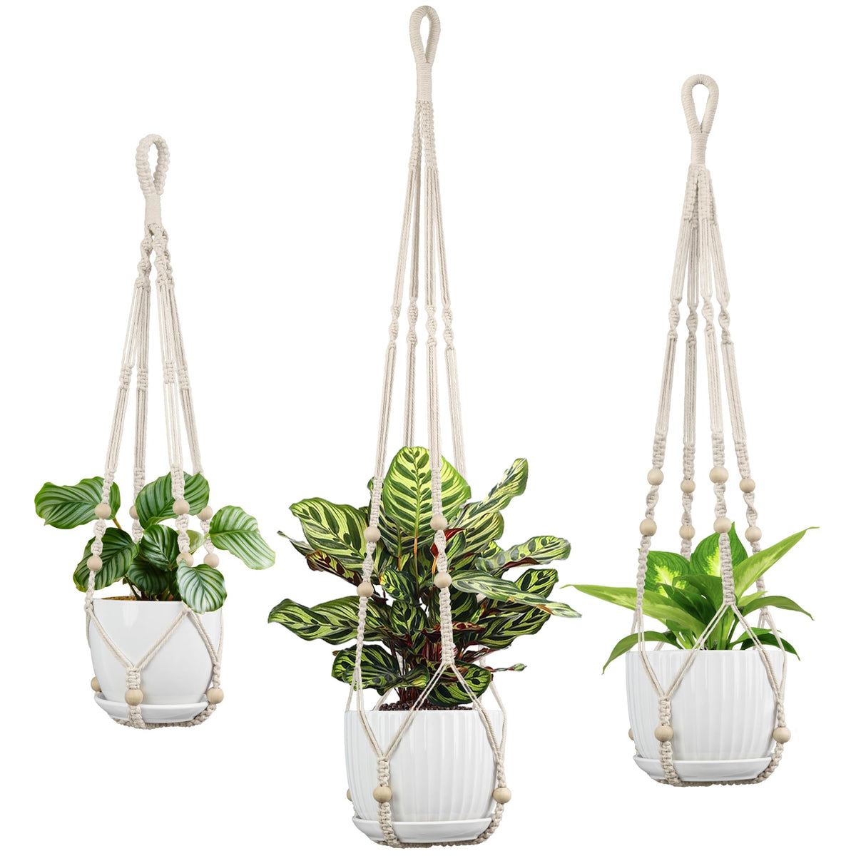 IDEEEPAN Macrame Plant Hanger - Fits 4 to 15 inches Pots for Indoor Outdoor, 43"/35"/29" Different Sizes Set, Ivory (POTS NOT Included)